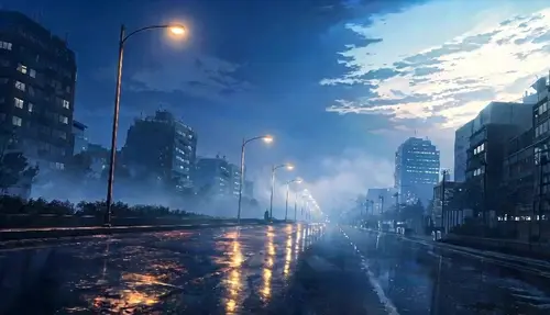 夜明け前の雨の街