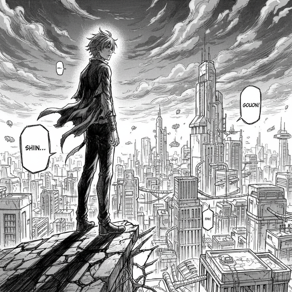Manga style, monochrome sketch, a young protagonist standing on a rooftop looking at a futuristic city, dynamic angle, emotional atmosphere, heavy shadows