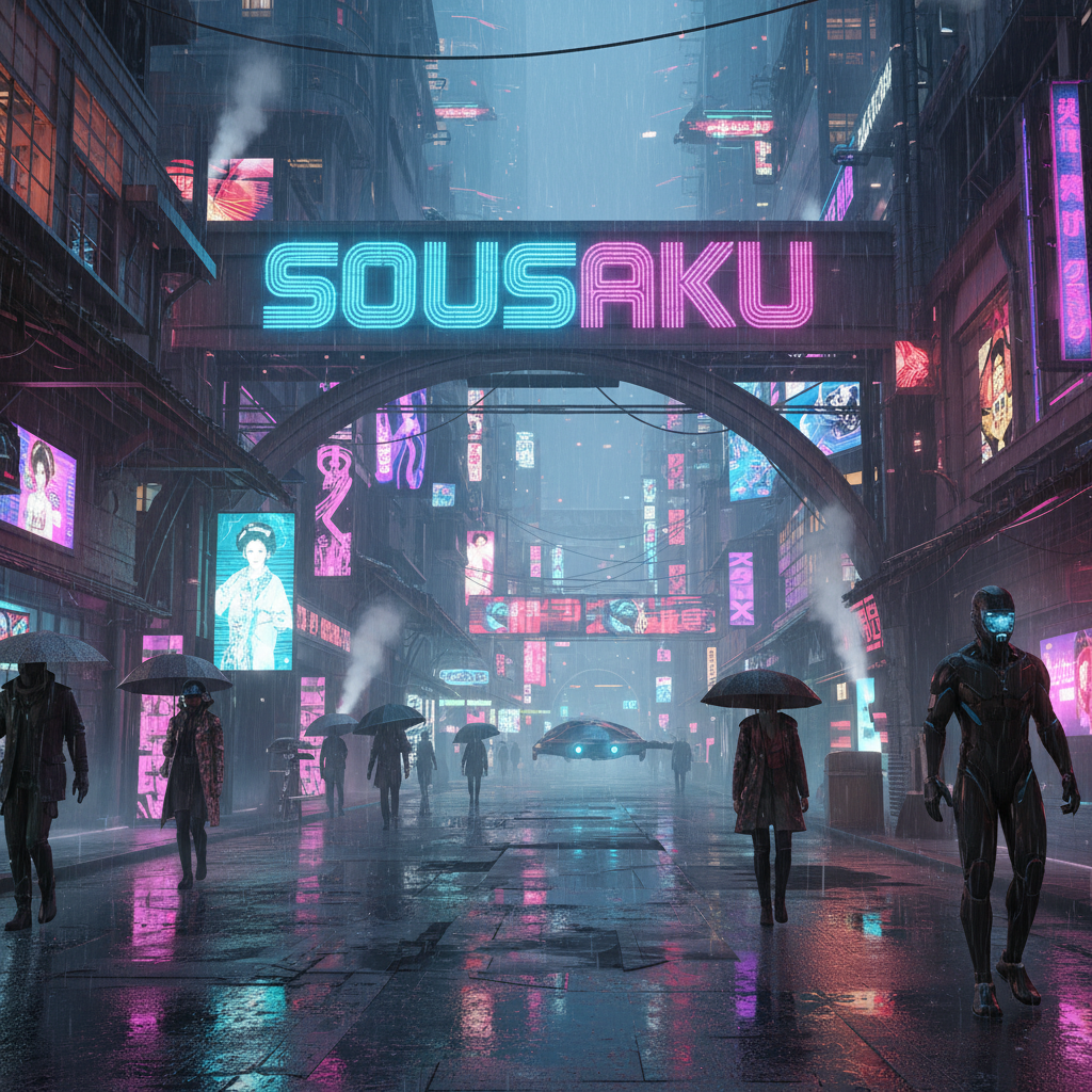 A cyberpunk street scene at night, wet ground reflecting neon lights, a glowing sign that explicitly says "SOUSAKU", detailed futuristic architecture, cinematic lighting, 8k resolution